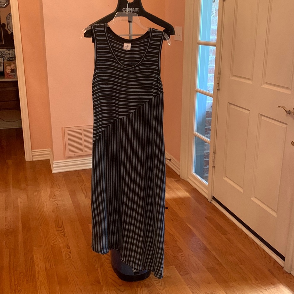 Cabi Dia Dress Item 5796-Diagonal striped in charcoal and baby blue.